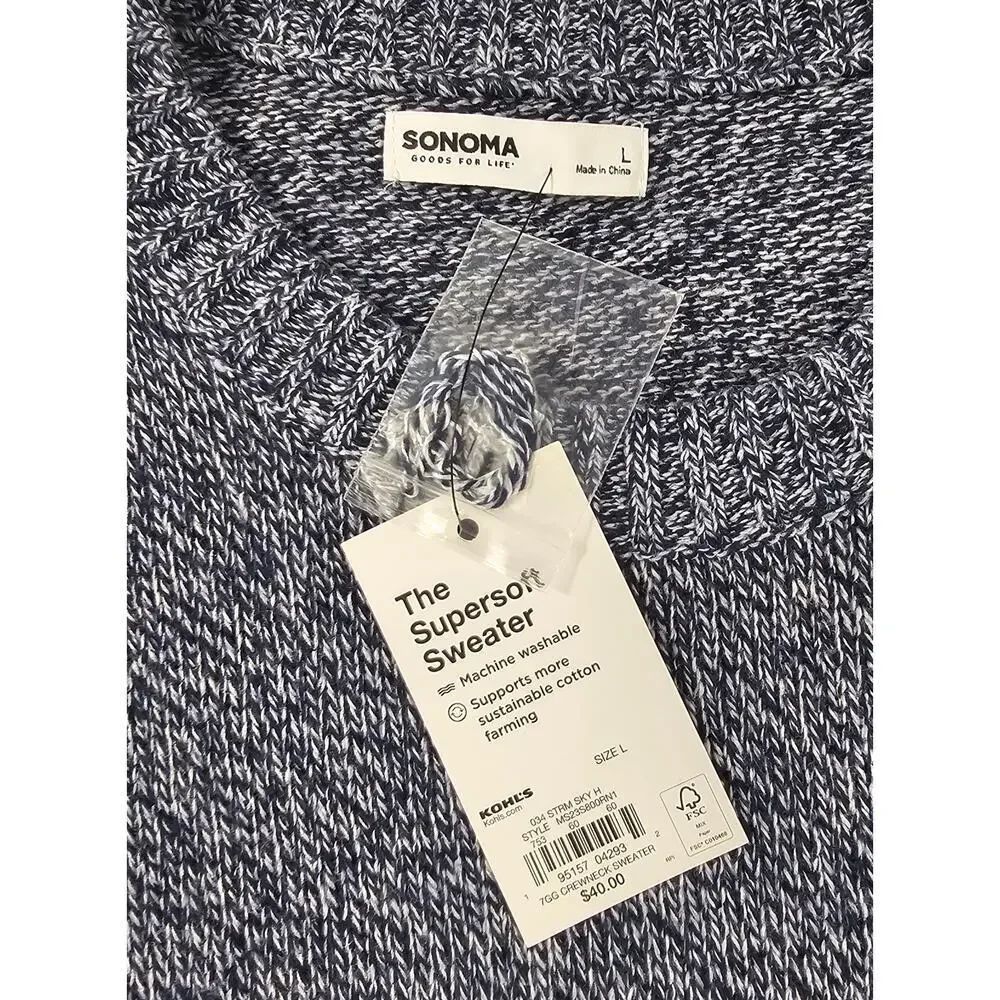 NWT sonoma The super soft sweater blue crew neck knit grandpa mens sz L preppy